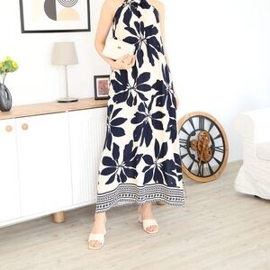 Floral Halter Maxi Dress in Navy and White